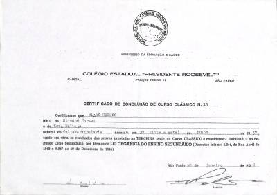 Certificado de conclusão de curso clássico n. 15, 1958
